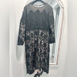 Black Lace Overlay Midi Dress